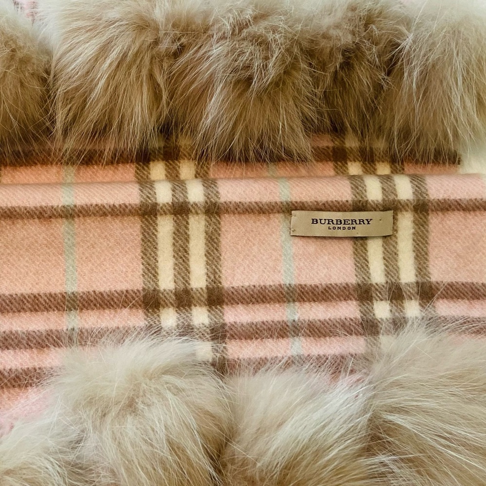 Burberry Pink Plaid Cashmere Fox Fur Pom Poms Scarf - Picture 4 of 7
